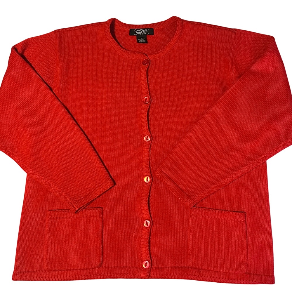 Crystal Kobe Red Button Front Cardigan Sweater Womens Medium Pockets Knit